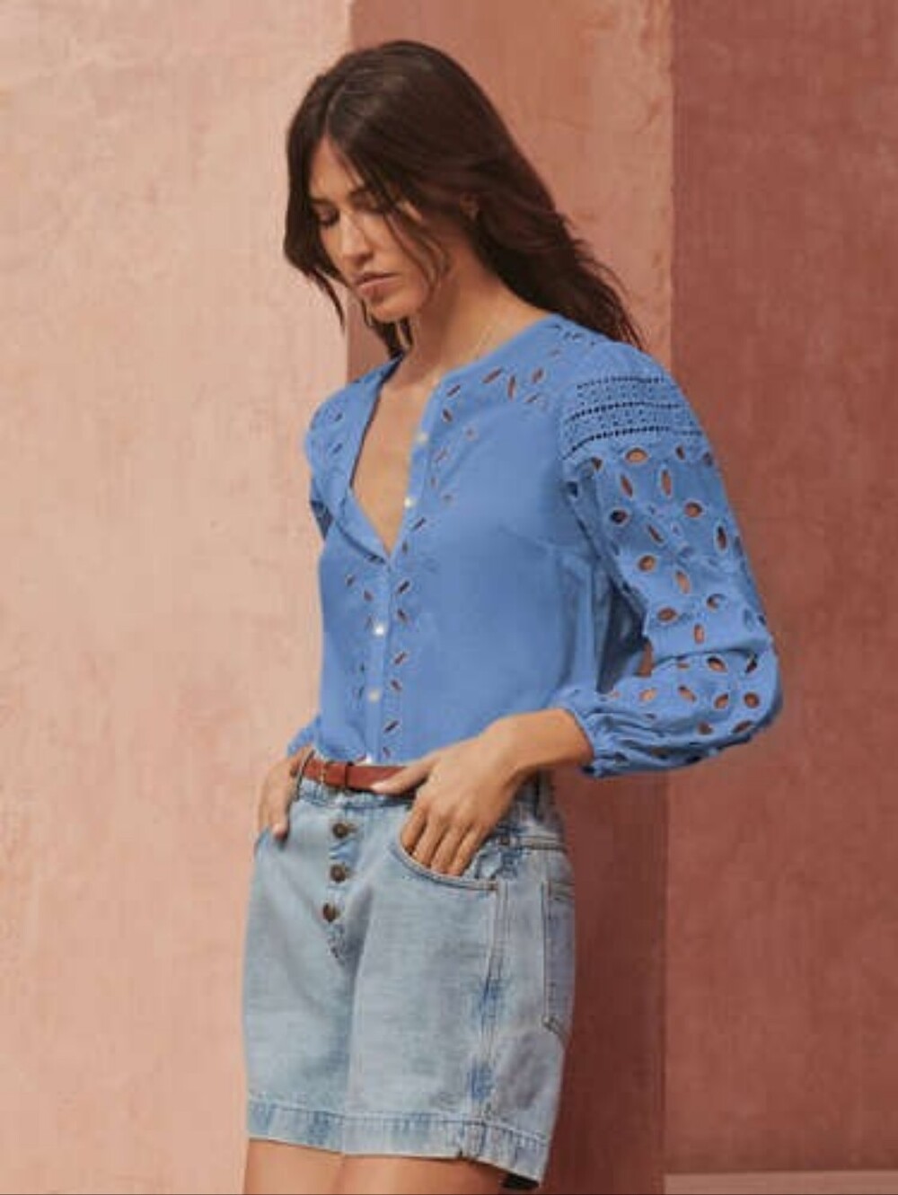Wrap London Eyelet Broderie Cutwork Blouse Blue Long Sleeve Size XS Romantic